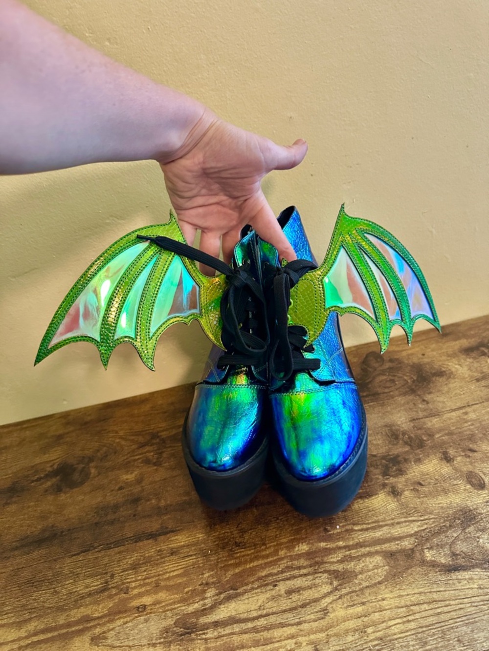 RARE Iridescent Boots Blue Green Platform Booties Wedge light weight Dragon Wing